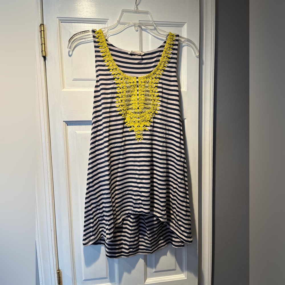 Women’s LE SAMPLE Navy & White Stripe Tank w/Yellow Swirl Detail sz M